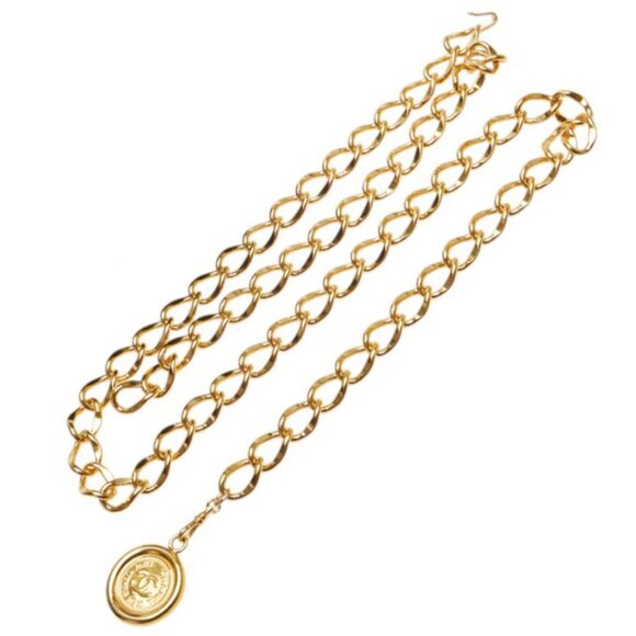 CHANEL CC Logo Medal Coin Charm Belt 35" Gold Tone Auth w/Box - Picture 3 of 14